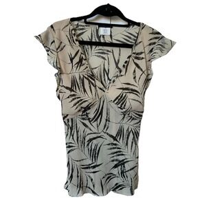 Fairweather Womens Tropical Palm Print Flutter Sleeve V-Neck Tie Back Blouse L